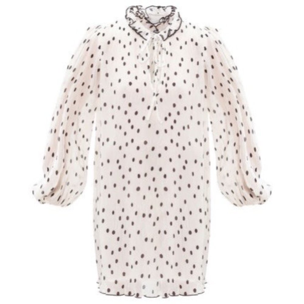 GANNI Ruffle Tier Balloon Sleeve Mini Dress in White with Black Polka Dot sz XS